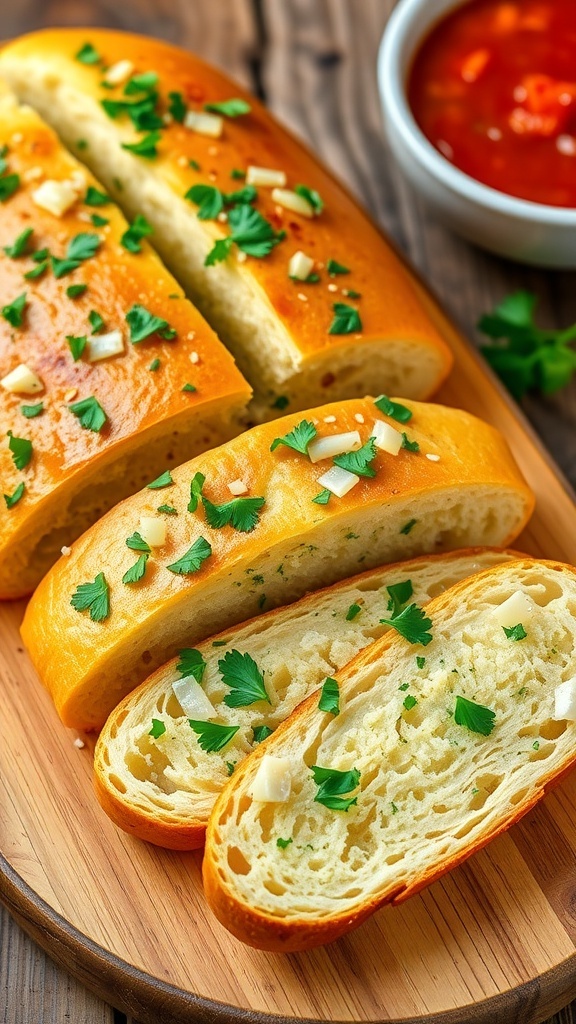 Classic Garlic Bread Appetizer Sliced garlic bread topped with garlic butter and parsley, served with marinara sauce on a wooden board.